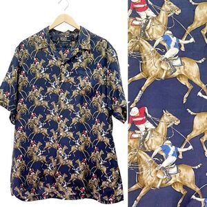 Polo Ralph Lauren Silk Polo Player Print Shirt Sz Large Made USA Rare Equestrian
